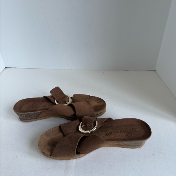 Yokono tan sueded leather cross strap slide on cork wedge sandals size 8 - Picture 5 of 11